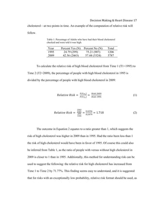  
Decision	
  Making	
  &	
  Heart	
  Disease	
  17	
  
cholesterol—at two points in time. An example of the computation of relative risk will
follow.
Table 1. Percentage of Adults who have had their blood cholesterol
checked and were told it was high.
Year Percent Yes (N) Percent No (N) Total
1995 24.79 (299) 75.21 (907) 1206
2009 42.56 (2463) 57.44 (3324) 5787
To calculate the relative risk of high blood cholesterol from Time 1 (T1=1995) to
Time 2 (T2=2009), the percentage of people with high blood cholesterol in 1995 is
divided by the percentage of people with high blood cholesterol in 2009:
𝑅𝑒𝑙𝑎𝑡𝑖𝑣𝑒  𝑅𝑖𝑠𝑘 =  
!(!!!)
! !!!
=  
!"#$  !""#
!"#$  !""#
(1)
𝑅𝑒𝑙𝑎𝑡𝑖𝑣𝑒  𝑅𝑖𝑠𝑘 =  
!"#$
!"#"
!""
!"#$
=
!.!"#$
!.!"#$
= 1.718 (2)
The outcome in Equation 2 equates to a ratio greater than 1, which suggests the
risk of high cholesterol was higher in 2009 than in 1995. Had the ratio been less than 1
the risk of high cholesterol would have been in favor of 1995. Of course this could also
be inferred from Table 1, as the ratio of people with versus without high cholesterol in
2009 is closer to 1 than in 1995. Additionally, this method for understanding risk can be
used to suggest the following: the relative risk for high cholesterol has increased from
Time 1 to Time 2 by 71.77%. This finding seems easy to understand, and it is suggested
that for risks with an exceptionally low probability, relative risk format should be used, as
 
