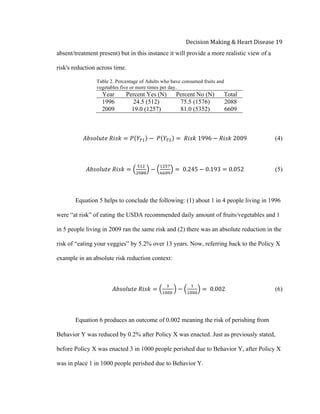  
Decision	
  Making	
  &	
  Heart	
  Disease	
  19	
  
absent/treatment present) but in this instance it will provide a more realistic view of a
risk's reduction across time.
Table 2. Percentage of Adults who have consumed fruits and
vegetables five or more times per day.
Year Percent Yes (N) Percent No (N) Total
1996 24.5 (512) 75.5 (1576) 2088
2009 19.0 (1257) 81.0 (5352) 6609
𝐴𝑏𝑠𝑜𝑙𝑢𝑡𝑒  𝑅𝑖𝑠𝑘 = 𝑃 𝑌!! −   𝑃 𝑌!! =   𝑅𝑖𝑠𝑘  1996 − 𝑅𝑖𝑠𝑘  2009 (4)
𝐴𝑏𝑠𝑜𝑙𝑢𝑡𝑒  𝑅𝑖𝑠𝑘 =
!"#
!"##
−
!"#$
!!"#
=   0.245 − 0.193 = 0.052   (5)
Equation 5 helps to conclude the following: (1) about 1 in 4 people living in 1996
were “at risk” of eating the USDA recommended daily amount of fruits/vegetables and 1
in 5 people living in 2009 ran the same risk and (2) there was an absolute reduction in the
risk of “eating your veggies” by 5.2% over 13 years. Now, referring back to the Policy X
example in an absolute risk reduction context:
𝐴𝑏𝑠𝑜𝑙𝑢𝑡𝑒  𝑅𝑖𝑠𝑘 =
!
!!!!  
−
!
!"""
=   0.002   (6)
Equation 6 produces an outcome of 0.002 meaning the risk of perishing from
Behavior Y was reduced by 0.2% after Policy X was enacted. Just as previously stated,
before Policy X was enacted 3 in 1000 people perished due to Behavior Y, after Policy X
was in place 1 in 1000 people perished due to Behavior Y.
 