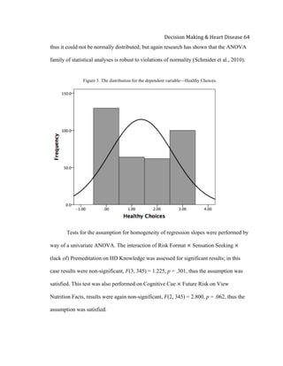  
Decision	
  Making	
  &	
  Heart	
  Disease	
  64	
  
thus it could not be normally distributed; but again research has shown that the ANOVA
family of statistical analyses is robust to violations of normality (Schmider et al., 2010).
Figure 3. The distribution for the dependent variable—Healthy Choices.
Tests for the assumption for homogeneity of regression slopes were performed by
way of a univariate ANOVA. The interaction of Risk Format × Sensation Seeking ×
(lack of) Premeditation on HD Knowledge was assessed for significant results; in this
case results were non-significant, F(3, 345) = 1.225, p = .301, thus the assumption was
satisfied. This test was also performed on Cognitive Cue × Future Risk on View
Nutrition Facts, results were again non-significant, F(2, 345) = 2.800, p = .062, thus the
assumption was satisfied.
 