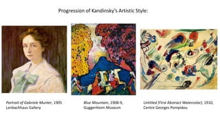 Progression of Kandinsky’s Artistic Style:
Portrait of Gabriele Munter, 1905
Lenbachhaus Gallery
Blue Mountain, 1908-9,
Guggenheim Museum
Untitled (First Abstract Watercolor), 1910,
Centre Georges Pompidou
 