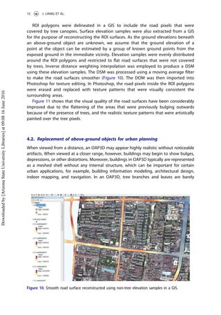 ROI polygons were delineated in a GIS to include the road pixels that were
covered by tree canopies. Surface elevation samples were also extracted from a GIS
for the purpose of reconstructing the ROI surfaces. As the ground elevations beneath
an above-ground object are unknown, we assume that the ground elevation of a
point at the object can be estimated by a group of known ground points from the
exposed ground in the immediate vicinity. Elevation samples were evenly distributed
around the ROI polygons and restricted to ﬂat road surfaces that were not covered
by trees. Inverse distance weighting interpolation was employed to produce a DSM
using these elevation samples. The DSM was processed using a moving average ﬁlter
to make the road surfaces smoother (Figure 10). The DOM was then imported into
Photoshop for texture editing. In Photoshop, the road pixels inside the ROI polygons
were erased and replaced with texture patterns that were visually consistent the
surrounding areas.
Figure 11 shows that the visual quality of the road surfaces have been considerably
improved due to the ﬂattening of the areas that were previously bulging outwards
because of the presence of trees, and the realistic texture patterns that were artistically
painted over the tree pixels.
4.2. Replacement of above-ground objects for urban planning
When viewed from a distance, an OAP3D may appear highly realistic without noticeable
artifacts. When viewed at a closer range, however, buildings may begin to show bulges,
depressions, or other distortions. Moreover, buildings in OAP3D typically are represented
as a meshed shell without any internal structure, which can be important for certain
urban applications, for example, building information modeling, architectural design,
indoor mapping, and navigation. In an OAP3D, tree branches and leaves are barely
Figure 10. Smooth road surface reconstructed using non-tree elevation samples in a GIS.
12 J. LIANG ET AL.
Downloadedby[ArizonaStateUniversityLibraries]at09:0816June2016
 