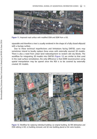 separable and therefore a tree is usually rendered in the shape of a fully closed ellipsoid
with a bumpy surface.
Due to these technical imperfections and limitations facing OAP3D, users may
sometimes intend to locally replace these areas with externally sourced 3D models.
There is also a need from urban land redevelopment to reclaim old city blocks. The
workﬂow for integrating 3D models into OAP3D (Figure 12) are similar to that used
in the road surface remediation, the only diﬀerence is that DOM reconstruction using
spatial interpolation may be spared since the ROI is to be covered by externally
created 3D models.
Figure 11. Improved road surface with modiﬁed DSM and DOM from a GIS.
Figure 12. Workﬂow for replacing individual building: (a) original building, (b) ROI delineation and
DSM editing in GIS, (c) building removed, and (d) new building placed at the same location.
INTERNATIONAL JOURNAL OF GEOGRAPHICAL INFORMATION SCIENCE 13
Downloadedby[ArizonaStateUniversityLibraries]at09:0816June2016
 
