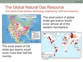 The Global Natural Gas Resource
(The result of new science, technology, engineering, math and research)
The areal extent of global
shale gas basins would
cover almost all of the
western hemisphere.
The areal extent of US
shale gas basins would
cover more than half the
country.
Energy
 