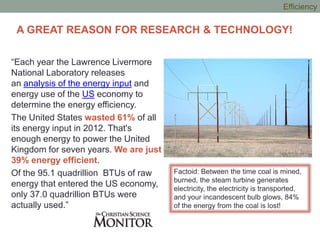 “Each year the Lawrence Livermore
National Laboratory releases
an analysis of the energy input and
energy use of the US economy to
determine the energy efficiency.
The United States wasted 61% of all
its energy input in 2012. That's
enough energy to power the United
Kingdom for seven years. We are just
39% energy efficient.
Of the 95.1 quadrillion BTUs of raw
energy that entered the US economy,
only 37.0 quadrillion BTUs were
actually used.”
A GREAT REASON FOR RESEARCH & TECHNOLOGY!
Factoid: Between the time coal is mined,
burned, the steam turbine generates
electricity, the electricity is transported,
and your incandescent bulb glows, 84%
of the energy from the coal is lost!
Efficiency
 