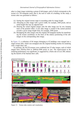 atlas is a large image containing a group of sub-images, each of which corresponds to the
texture of a 3D triangular mesh, that is, the roof or walls of a building. In this study, a
texture atlas was generated as follows:
(1) Sorting the original texture maps in ascending order by image height.
(2) Allocating an atlas image with a given width, for example, 2048 pixels, and an
initial height that may be adjusted later.
(3) Drawing the sorted original images onto the atlas image row by row, keeping
track of the position offset. A new atlas image is created if the current position
exceeds a given image height limit, for example, 2048 pixels.
(4) Remapping the atlas images onto the original 3D triangular meshes by transform-
ing the texture coordinates on the basis of the relative positioning of the sub-
images on the corresponding atlas image.
In Figure 13, a collection of 84 images belonging to 42 buildings were merged into a
single texture atlas, which was remapped onto the original building meshes for rendering
with a single draw call.
In summary, the 44,370 textures were combined into 23 atlas images, each of which
ranged from 1024-by-1024 to 2048-by-2048 pixels in size. The improvement in the
rendering performance was significant, as suggested by a frame rate of over 200, indicat-
ing the benefit of the batched draw calls.
Figure 13. Texture atlas creation and visualization.
International Journal of Geographical Information Science 15
Downloadedby[JianmingLiang]at16:4104February2014
 