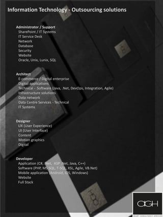 Information Technology - Outsourcing solutions
Administrator / Support
SharePoint / IT Systems
IT Service Desk
Network
Database
Security
Website
Oracle, Unix, Lunix, SQL
Architect
E-commerce / Digital enterprise
Digital applications
Technical - Software (Java, .Net, DevOps, Integration, Agile)
Infrastructure solutions
Data network
Data Centre Services - Technical
IT Systems
Designer
UX (User Experience)
UI (User Interface)
Content
Motion graphics
Digital
Developer
Application (C#, .Net, ASP .Net, Java, C++)
Software (PHP, MS SQL, T-SQL, XSL, Agile, VB.Net)
Mobile application (Android, iOS, Windows)
Website
Full Stack
 
