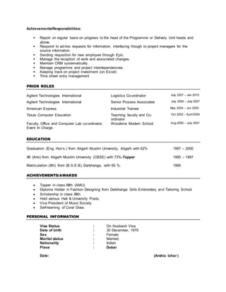 Achievements/Responsibilities:
 Report on regular basis on progress to the head of the Programme or Delivery Unit heads and
above.
 Respond to ad-hoc requests for information, interfacing though to project managers for the
source information.
 Sending requisition for new employee through Epic.
 Manage the reception of work and associated changes.
 Maintain CRM systematically.
 Manage programme and project interdependencies.
 Keeping track on project investment (on Excel)
 Time sheet entry management
PRIOR ROLES
Agilent Technologies International Logistics Co-ordinator July 2007 – Jan 2010
Agilent Technologies International Senior Process Associates July 2005 – July 2007
American Express Industrial Trainee May 2004 – Jun 2005
Texas Computer Education Teaching faculty and Co-
ordinator
Oct 2002 – April2004
Faculty, Office and Computer Lab co-ordinator,
Event In Charge
Woodbine Modern School Aug 2000 – July 2001
EDUCATION
Graduation (Eng. Hon’s.) from Aligarh Muslim University, Aligarh with 62% 1997 – 2000
XII (Arts) from Aligarh Muslim University (CBSE) with 73%-Topper 1995 – 1997
Matriculation (Xth) from (B.S.E.B), Darbhanga, with 65 %. 1995
ACHIEVEMENTS/AWARDS
 Topper in class XIIth (AMU)
 Diploma Holder in Fashion Designing from Darbhanga Girls Embroidery and Tailoring School
 Scholarship in class XIIth.
 Hold various Hall & University Posts.
 Vice President of Music Society
 Self-learning of Coral Draw.
PERSONAL INFORMATION
Visa Status : On Husband Visa
Date of birth : 30 December, 1979
Sex : Female
Marital status : Married.
Nationality : Indian
Place : Dubai
Date: (Arshia Izhar )
 