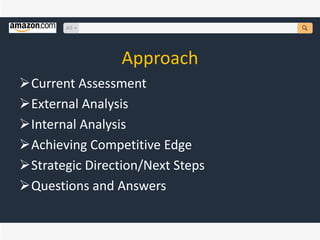 Approach
Current Assessment
External Analysis
Internal Analysis
Achieving Competitive Edge
Strategic Direction/Next Steps
Questions and Answers
 