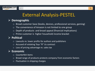 External Analysis-PESTEL
 Demographic
o Broad customer base (books, devices, professional services, gaming)
o The convenience of Amazon is not limited to one group
o Depth of products and broad appeal (financial implications)
o Prime customer is higher household income bracket
 Political
o Lawsuits re. lower profits for authors and publishers
o Accused of violating Toys “R” Us contract
o Loss of pricing advantage re. sales tax
 Economic
o Counterfeit items
o Broad range of products protects company from economic factors
o Fluctuation in shipping charges
 