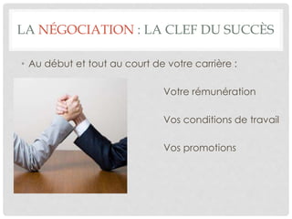 LA NÉGOCIATION : LA CLEF DU SUCCÈS
• Au début et tout au court de votre carrière :
Votre rémunération
Vos conditions de travail
Vos promotions
 