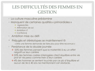 LES DIFFICULTÉS DES FEMMES EN
GESTION
• La culture masculine prédomine
• Manquent de certaines qualités « primordiales »
 Agressivités
 Affirmation de soi
 Ambition LT
 Confiance
• Ambition mise au défi
• Préjugés et stéréotypes se maintiennent 
« être une femme demande de faire plus pour être reconnue »
• Persistance de la double journée
 55% des femmes pensent que la maternité à eu un effet
négatif sur leur carrière
 33% des femmes cadres interrogées citent équilibre entre vie
prof et vie perso comme frein à leur carrière
 4% des hommes se sentent touchés par ce pb d’équilibre et
aucun de 36 à 40 ans ne mentionnent cet obstacle.
 