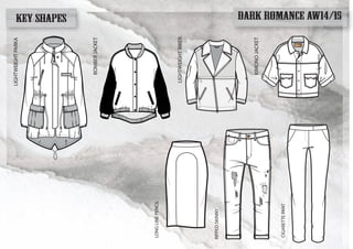 BOMBERJACKET
KIMONOJACKET
LIGHTWEIGHTBIKER
LIGHTWEIGHTPARKA
LONGLINEPENCIL
OPTION B:
55
please source striped rib at the neck, cuff
and hem and send coptions for approval
DARK ROMANCE AW14/15KEY SHAPES
RIPPEDSKINNY
CIGARETTEPANT
 
