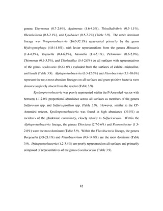 82
genera Thermonas (0.7-2.6%), Aquimonas (1.6-4.5%), Thioalkalivibrio (0.3-1.1%),
Rheinheimera (0.3-2.1%), and Lysobacter (0.5-2.7%) (Table 3.9). The other dominant
lineage was Betaproteobacteria (16.0-32.1%) represented primarily by the genus
Hydrogenophaga (4.8-11.8%), with lesser representations from the genera Mitsuaria
(1.4-4.3%), Vogesella (0.4-6.3%), Ideonella (1.4-5.1%), Pelomonas (0.6-2.9%),
Thiomonas (0.6-3.3%), and Thiobacillus (0.4-2.0%) on all surfaces with representatives
of the genus Acidovorax (0.2-1.0%) excluded from the surfaces of calcite, microcline,
and basalt (Table 3.9). Alphaproteobacteria (6.3-12.6%) and Flavobacteria (7.1-38.6%)
represent the next most abundant lineages on all surfaces and gram-positive bacteria were
almost completely absent from the reactor (Table 3.9).
Epsilonproteobacteria was poorly represented within the P-Amended reactor with
between 1.1-2.0% proportional abundance across all surfaces as members of the genera
Sulfurovum spp. and Sulfurospirillum spp. (Table 3.9). However, similar to the CP-
Amended reactor, Epsilonproteobacteria was found in high abundance (39.5%) as
members of the planktonic community, closely related to Sulfuricurvum. Within the
Alphaproteobacteria lineage, the genera Thioclava (2.7-5.6%) and Pannonibacter (1.3-
2.8%) were the most dominant (Table 3.9). Within the Flavobacteria lineage, the genera
Bergeyella (3.9-21.1%) and Flavobacterium (0.9-14.8%) are the most dominant (Table
3.9). Deltaproteobacteria (1.2-3.4%) are poorly represented on all surfaces and primarily
composed of representatives of the genus Corallococcus (Table 3.9).
 