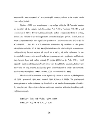 95
communities were composed of chemoautotrophic microorganisms, as the reactor media
was carbon limited.
Similarly, SOB were ubiquitous on every surface within the CP-Amended reactor,
as members of the genera Halothiobacillus (9.6-49.5%), Thiothrix (0.3-2.5%), and
Thiomonas (0-0.5%). However, the addition of a carbon source (in the form of acetate,
lactate, and formate) to the media promotes chemoheterotrophic growth. In fact, both of
the C-Amended reactors have significant quantities of Deltaproteobacteria (0.2-84.5% in
C-Amended, 11.6-61.4% in CP-Amended), represented by members of the genus
Desulfovibrio (Tables 3.7 & 3.8). Desulfovibrio is a motile, vibrio-shaped, heterotrophic,
sulfur-reducing bacteria capable of growth on a variety of sulfur substrates (as the
terminal electron acceptor) as well as lactate, pyruvate, acetate, propionate, and butyrate
(as electron donor and carbon source) (Cypionka, 2000; Liu & Peck, 1981). Until
recently, members of the genus Desulfovibrio were thought to be anaerobic, but now are
known to not only tolerate, but actively grow and metabolize in aerobic environments
(Abdollahi & Wimpenny, 1990; Cypionka, 2000; Eschemann et al, 1999).
Metabolic sulfate reduction by SRB generally causes an increase in pH (Dupraz et
al, 2009; Lyons et al, 1984; Van Lith et al, 2003; Walter et al, 1993). The geochemical
consequences of sulfur-reduction by Desulfovibrio are localized consumption of acidity
by paired acetate (shown below), lactate, or formate oxidation with reduction of inorganic
sulfur compounds.
CH3COO-
+ S2O3
2-
+ H+
à 2HS-
+ 2CO2 + H2O
CH3COO-
+ SO4
2-
à HS-
+ 2CO2 + 2OH-
 