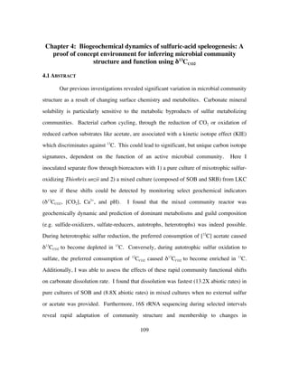 109
Chapter 4: Biogeochemical dynamics of sulfuric-acid speleogenesis: A
proof of concept environment for inferring microbial community
structure and function using δ13
CCO2
4.1 ABSTRACT
Our previous investigations revealed significant variation in microbial community
structure as a result of changing surface chemistry and metabolites. Carbonate mineral
solubility is particularly sensitive to the metabolic byproducts of sulfur metabolizing
communities. Bacterial carbon cycling, through the reduction of CO2 or oxidation of
reduced carbon substrates like acetate, are associated with a kinetic isotope effect (KIE)
which discriminates against 13
C. This could lead to significant, but unique carbon isotope
signatures, dependent on the function of an active microbial community. Here I
inoculated separate flow through bioreactors with 1) a pure culture of mixotrophic sulfur-
oxidizing Thiothrix unzii and 2) a mixed culture (composed of SOB and SRB) from LKC
to see if these shifts could be detected by monitoring select geochemical indicators
(δ13
CCO2, [CO2], Ca2+
, and pH). I found that the mixed community reactor was
geochemically dynamic and prediction of dominant metabolisms and guild composition
(e.g. sulfide-oxidizers, sulfate-reducers, autotrophs, heterotrophs) was indeed possible.
During heterotrophic sulfur reduction, the preferred consumption of [12
C] acetate caused
δ13
CCO2 to become depleted in 13
C. Conversely, during autotrophic sulfur oxidation to
sulfate, the preferred consumption of 12
CCO2 caused δ13
CCO2 to become enriched in 13
C.
Additionally, I was able to assess the effects of these rapid community functional shifts
on carbonate dissolution rate. I found that dissolution was fastest (13.2X abiotic rates) in
pure cultures of SOB and (8.8X abiotic rates) in mixed cultures when no external sulfur
or acetate was provided. Furthermore, 16S rRNA sequencing during selected intervals
reveal rapid adaptation of community structure and membership to changes in
 