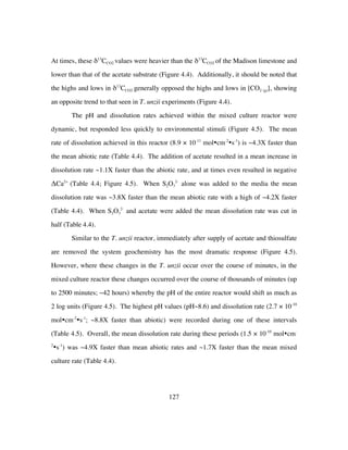 127
At times, these δ13
CCO2 values were heavier than the δ13
CCO2 of the Madison limestone and
lower than that of the acetate substrate (Figure 4.4). Additionally, it should be noted that
the highs and lows in δ13
CCO2 generally opposed the highs and lows in [CO2 (g)], showing
an opposite trend to that seen in T. unzii experiments (Figure 4.4).
The pH and dissolution rates achieved within the mixed culture reactor were
dynamic, but responded less quickly to environmental stimuli (Figure 4.5). The mean
rate of dissolution achieved in this reactor (8.9 × 10-11
mol•cm-2
•s-1
) is ~4.3X faster than
the mean abiotic rate (Table 4.4). The addition of acetate resulted in a mean increase in
dissolution rate ~1.1X faster than the abiotic rate, and at times even resulted in negative
ΔCa2+
(Table 4.4; Figure 4.5). When S2O3
2-
alone was added to the media the mean
dissolution rate was ~3.8X faster than the mean abiotic rate with a high of ~4.2X faster
(Table 4.4). When S2O3
2-
and acetate were added the mean dissolution rate was cut in
half (Table 4.4).
Similar to the T. unzii reactor, immediately after supply of acetate and thiosulfate
are removed the system geochemistry has the most dramatic response (Figure 4.5).
However, where these changes in the T. unzii occur over the course of minutes, in the
mixed culture reactor these changes occurred over the course of thousands of minutes (up
to 2500 minutes; ~42 hours) whereby the pH of the entire reactor would shift as much as
2 log units (Figure 4.5). The highest pH values (pH~8.6) and dissolution rate (2.7 × 10-10
mol•cm-2
•s-1
; ~8.8X faster than abiotic) were recorded during one of these intervals
(Table 4.5). Overall, the mean dissolution rate during these periods (1.5 × 10-10
mol•cm-
2
•s-1
) was ~4.9X faster than mean abiotic rates and ~1.7X faster than the mean mixed
culture rate (Table 4.4).
 
