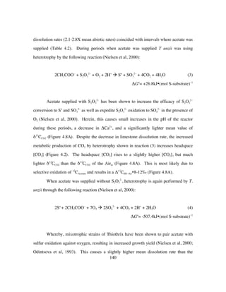 140
dissolution rates (2.1-2.8X mean abiotic rates) coincided with intervals where acetate was
supplied (Table 4.2). During periods when acetate was supplied T unzii was using
heterotrophy by the following reaction (Nielsen et al, 2000):
2CH3COO−
+ S2O3
2−
+ O2 + 2H+
à So
+ SO3
2−
+ 4CO2 + 4H2O (3)
ΔGo
= +26.8kJ•(mol S-substrate)−1
Acetate supplied with S2O3
2−
has been shown to increase the efficacy of S2O3
2−
conversion to So
and SO3
2−
as well as expedite S2O3
2−
oxidation to SO4
2−
in the presence of
O2 (Nielsen et al, 2000). Herein, this causes small increases in the pH of the reactor
during these periods, a decrease in ΔCa2+
, and a significantly lighter mean value of
δ13
CCO2 (Figure 4.8A). Despite the decrease in limestone dissolution rate, the increased
metabolic production of CO2 by heterotrophy shown in reaction (3) increases headspace
[CO2] (Figure 4.2). The headspace [CO2] rises to a slightly higher [CO2], but much
lighter δ13
CCO2 than the δ13
CCO2 of the Airin (Figure 4.8A). This is most likely due to
selective oxidation of 12
CAcetate and results in a Δ13
CHS−Air≅8-12‰ (Figure 4.8A).
When acetate was supplied without S2O3
2-
, heterotrophy is again performed by T.
unzii through the following reaction (Nielsen et al, 2000):
2So
+ 2CH3COO−
+ 7O2 à 2SO4
2−
+ 4CO2 + 2H+
+ 2H2O (4)
ΔGo
= -507.4kJ•(mol S-substrate)−1
Whereby, mixotrophic strains of Thiothrix have been shown to pair acetate with
sulfur oxidation against oxygen, resulting in increased growth yield (Nielsen et al, 2000;
Odintsova et al, 1993). This causes a slightly higher mean dissolution rate than the
 