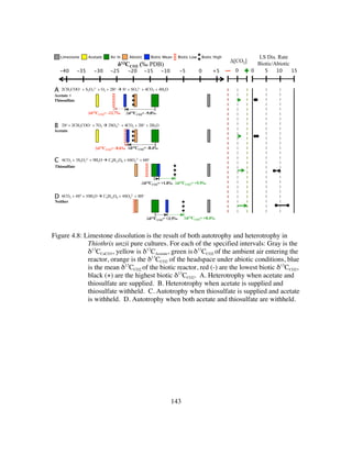 143
Figure 4.8: Limestone dissolution is the result of both autotrophy and heterotrophy in
Thiothrix unzii pure cultures. For each of the specified intervals: Gray is the
δ13
CCaCO3, yellow is δ13
CAcetate, green isδ13
CCO2 of the ambient air entering the
reactor, orange is the δ13
CCO2 of the headspace under abiotic conditions, blue
is the mean δ13
CCO2 of the biotic reactor, red (-) are the lowest biotic δ13
CCO2,
black (+) are the highest biotic δ13
CCO2. A. Heterotrophy when acetate and
thiosulfate are supplied. B. Heterotrophy when acetate is supplied and
thiosulfate withheld. C. Autotrophy when thiosulfate is supplied and acetate
is withheld. D. Autotrophy when both acetate and thiosulfate are withheld.
Acetate +
Thiosulfate
Acetate
Thiosulfate
Neither
0 +5-5-10-15-20-25-30-35-40
Air In Biotic MeanAcetateLimestone Abiotic Biotic HighBiotic Low
Δ[CO2]
0
LS Dis. Rate
Biotic/Abiotic
0 5 10 15
δ13CCO2 (‰ PDB)
2CH3COO− + S2O3
2− + O2 + 2H+ à So + SO3
2− + 4CO2 + 4H2O
Δδ13CCO2= -9.0‰
A
2So + 2CH3COO− + 7O2 à 2SO4
2− + 4CO2 + 2H+ + 2H2O
Δδ13CCO2= -8.4‰
B
6CO2 + 3S2O3
2– + 9H2O à C6H12O6 + 6SO4
2– + 6H+
Δδ13CCO2= +1.0‰
C
6CO2 + 4S0 + 10H2O à C6H12O6 + 4SO4
2- + 8H+
Δδ13CCO2= +3.5‰
D
Δδ13CCO2= -12.7‰
Δδ13CCO2= -8.6‰
Δδ13CCO2= +5.9‰
Δδ13CCO2= +8.4‰
 