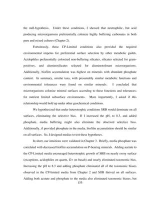 155
the null-hypothesis. Under these conditions, I showed that neutrophilic, but acid
producing microorganisms preferentially colonize highly buffering carbonates in both
pure and mixed cultures (Chapter 2).
Fortuitously, these CP-Limited conditions also provided the required
environmental impetus for preferential surface selection by other metabolic guilds.
Acidophiles preferentially colonized non-buffering silicates, silicates selected for gram-
positives, and aluminosilicates selected for aluminotolerant microorganisms.
Additionally, biofilm accumulation was highest on minerals with abundant phosphate
content. In summary, similar taxa, with presumably similar metabolic functions and
environmental tolerances were found on similar minerals. I concluded that
microorganisms colonize mineral surfaces according to these functions and tolerances;
for nutrient limited subsurface environments. More importantly, I asked if this
relationship would hold up under other geochemical conditions.
We hypothesized that under heterotrophic conditions SRB would dominate on all
surfaces, eliminating the selective bias. If I increased the pH, to 8.3, and added
phosphate, media buffering might also eliminate the observed selective bias.
Additionally, if provided phosphate in the media, biofilm accumulation should be similar
on all surfaces. So, I designed medias to test these hypotheses.
In short, our intuitions were validated in Chapter 3. Briefly, media phosphate was
correlated with decreased biofilm accumulation on P-bearing minerals. Adding acetate to
the CP-Limited media encouraged heterotrophic growth of SRB on nearly every surface
(exceptions, acidophiles on quartz, G+ on basalt) and nearly eliminated taxonomic bias.
Increasing the pH to 8.3 and adding phosphate eliminated all of the taxonomic biases
observed in the CP-limited media from Chapter 2 and SOB thrived on all surfaces.
Adding both acetate and phosphate to the media also eliminated taxonomic biases, but
 