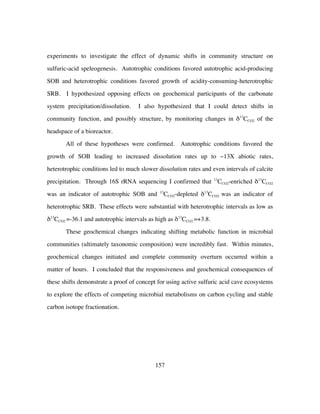 157
experiments to investigate the effect of dynamic shifts in community structure on
sulfuric-acid speleogenesis. Autotrophic conditions favored autotrophic acid-producing
SOB and heterotrophic conditions favored growth of acidity-consuming-heterotrophic
SRB. I hypothesized opposing effects on geochemical participants of the carbonate
system precipitation/dissolution. I also hypothesized that I could detect shifts in
community function, and possibly structure, by monitoring changes in δ13
CCO2 of the
headspace of a bioreactor.
All of these hypotheses were confirmed. Autotrophic conditions favored the
growth of SOB leading to increased dissolution rates up to ~13X abiotic rates,
heterotrophic conditions led to much slower dissolution rates and even intervals of calcite
precipitation. Through 16S rRNA sequencing I confirmed that 13
CCO2-enriched δ13
CCO2
was an indicator of autotrophic SOB and 13
CCO2-depleted δ13
CCO2 was an indicator of
heterotrophic SRB. These effects were substantial with heterotrophic intervals as low as
δ13
CCO2 =-36.1 and autotrophic intervals as high as δ13
CCO2 =+3.8.
These geochemical changes indicating shifting metabolic function in microbial
communities (ultimately taxonomic composition) were incredibly fast. Within minutes,
geochemical changes initiated and complete community overturn occurred within a
matter of hours. I concluded that the responsiveness and geochemical consequences of
these shifts demonstrate a proof of concept for using active sulfuric acid cave ecosystems
to explore the effects of competing microbial metabolisms on carbon cycling and stable
carbon isotope fractionation.
 