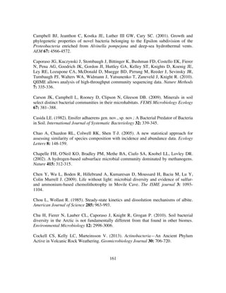 161
Campbell BJ, Jeanthon C, Kostka JE, Luther III GW, Cary SC. (2001). Growth and
phylogenetic properties of novel bacteria belonging to the Epsilon subdivision of the
Proteobacteria enriched from Alvinella pompejana and deep-sea hydrothermal vents.
AEM 67: 4566-4572.
Caporaso JG, Kuczynski J, Stombaugh J, Bittinger K, Bushman FD, Costello EK, Fierer
N, Pena AG, Goodrich JK, Gordon JI, Huttley GA, Kelley ST, Knights D, Koenig JE,
Ley RE, Lozupone CA, McDonald D, Muegge BD, Pirrung M, Reeder J, Sevinsky JR,
Turnbaugh PJ, Walters WA, Widmann J, Yatsunenko T, Zaneveld J, Knight R. (2010).
QIIME allows analysis of high-throughput community sequencing data. Nature Methods
7: 335-336.
Carson JK, Campbell L, Rooney D, Clipson N, Gleeson DB. (2009). Minerals in soil
select distinct bacterial communities in their microhabitats. FEMS Microbiology Ecology
67: 381–388.
Casida LE. (1982). Ensifer adhaerens gen. nov., sp. nov.: A Bacterial Predator of Bacteria
in Soil. International Journal of Systematic Bacteriology 32: 339-345.
Chao A, Chazdon RL, Colwell RK, Shen T-J. (2005). A new statistical approach for
assessing similarity of species composition with incidence and abundance data. Ecology
Letters 8: 148-159.
Chapelle FH, O'Neil KO, Bradley PM, Methe BA, Ciufo SA, Knobel LL, Lovley DR.
(2002). A hydrogen-based subsurface microbial community dominated by methanogens.
Nature 415: 312-315.
Chen Y, Wu L, Boden R, Hillebrand A, Kumaresan D, Moussard H, Baciu M, Lu Y,
Colin Murrell J. (2009). Life without light: microbial diversity and evidence of sulfur-
and ammonium-based chemolithotrophy in Movile Cave. The ISME journal 3: 1093-
1104.
Chou L, Wollast R. (1985). Steady-state kinetics and dissolution mechanisms of albite.
American Journal of Science 285: 963-993.
Chu H, Fierer N, Lauber CL, Caporaso J, Knight R, Grogan P. (2010). Soil bacterial
diversity in the Arctic is not fundamentally different from that found in other biomes.
Environmental Microbiology 12: 2998-3006.
Cockell CS, Kelly LC, Marteinsson V. (2013). Actinobacteria—An Ancient Phylum
Active in Volcanic Rock Weathering. Geomicrobiology Journal 30: 706-720.
 