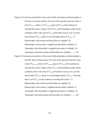 xxii
Figure 4.8: Limestone dissolution is the result of both autotrophy and heterotrophy in
Thiothrix unzii pure cultures. For each of the specified intervals: Gray is
the δ13
CCaCO3, yellow is δ13
CAcetate, green isδ13
CCO2 of the ambient air
entering the reactor, orange is the δ13
CCO2 of the headspace under abiotic
conditions, blue is the mean δ13
CCO2 of the biotic reactor, red (-) are the
lowest biotic δ13
CCO2, black (+) are the highest biotic δ13
CCO2. A.
Heterotrophy when acetate and thiosulfate are supplied. B.
Heterotrophy when acetate is supplied and thiosulfate withheld. C.
Autotrophy when thiosulfate is supplied and acetate is withheld. D.
Autotrophy when both acetate and thiosulfate are withheld...........143	
Figure 4.9: Limestone dissolution is the result of both autotrophy and heterotrophy in
the LKC Mixed culture reactor. For each of the specified intervals: Gray
is the δ13
CCaCO3, yellow is δ13
CAcetate, green isδ13
CCO2 of the ambient air
entering the reactor, orange is the δ13
CCO2 of the headspace under abiotic
conditions, blue is the mean δ13
CCO2 of the biotic reactor, red (-) are the
lowest biotic δ13
CCO2, black (+) are the highest biotic δ13
CCO2. Note that
there is no δ13
CCO2 for the ambient air entering this reactor. A.
Heterotrophy when acetate and thiosulfate are supplied. B.
Heterotrophy when acetate is supplied and thiosulfate withheld. C.
Autotrophy when thiosulfate is supplied and acetate is withheld. D.
Autotrophy when both acetate and thiosulfate are withheld...........150	
 