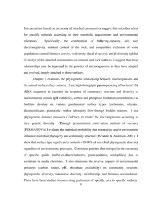 8
Interpretations based on taxonomy of attached communities suggest that microbes select
for specific minerals according to their metabolic requirements and environmental
tolerances. Specifically, the combination of buffering-capacity, cell wall
electronegativity, nutrient content of the rock, and competitive exclusion of some
populations control biomass density, α-diversity (local diversity), and β-diversity (global
diversity) of the attached communities on mineral and rock surfaces. I suggest that these
relationships may be ingrained in the genetics of microorganisms as they have adapted
and evolved, largely attached to these surfaces.
Chapter 3 examines the phylogenetic relationship between microorganisms and
the natural surfaces they colonize. I use high-throughput pyrosequencing of bacterial 16S
rRNA sequences to examine the response of community structure and diversity to
environmental stimuli (pH variability, carbon and phosphate limitations/amendments) as
biofilms develop on various geochemical surface types (carbonates, silicates,
aluminosilicates, planktonic) within laboratory flow-through biofilm reactors. I use
phylogenetic distance measures (UniFrac), to cluster the microorganisms according to
their genetic diversity. Through permutational multivariate analysis of variance
(PERMANOVA) I evaluate the statistical probability that mineralogy and/or environment
influence microbial phylogeny and community structure (McArdle & Anderson, 2001). I
show that surface type significantly controls ~70-90% of microbial phylogenetic diversity
regardless of environmental pressures. Consistent patterns also emerged in the taxonomy
of specific guilds (sulfur-oxidizers/reducers, gram-positives, acidophiles) due to
variations in media chemistry. I also determine the relative impacts of environmental
pressures (carbon source, pH, phosphate availability) on community structure,
phylogenetic diversity, taxonomic diversity, membership, and biomass accumulation.
There have been studies demonstrating preference of specific taxa to specific surfaces.
 