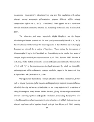14
experiments. More recently, indications from long-term field incubations with sulfide
minerals suggest community differentiation between different sulfide mineral
compositions (Sylvan et al, 2012). Additionally, there appears to be a correlation
between microbial community structure and mineralogy in the soil zone (Carson et al,
2009).
The subsurface and other non-photic (dark) biospheres are the largest
microbiological habitat on earth and the most poorly understood (Edwards et al, 2012).
Research has revealed evidence that microorganisms in these habitats are likely highly
dependent on minerals for a variety of functions. These include the dependence of
lithoautotrophs living in the Columbia River Basalt Group on the basalts for a series of
complex biogeochemical processes (Anderson et al, 2001; Stevens, 1997; Stevens &
McKinley, 1995). In both continental aquifers and deep ocean sediments, the interaction
of H2O with Fe2+
in the minerals composing basalt generates H2, which can be used by
methanogens or sulfate reducers to generate metabolic energy in the absence of light
(Chapelle et al, 2002; Edwards et al, 2005).
We hypothesize that in these complex subsurface microbial communities, factors
such as mineral chemistry, buffer capacity, and trace element (nutrient) content, influence
microbial diversity and surface colonization, as not every organism will be capable of
taking advantage of every mineral surface attribute, giving rise to unique associations
between a specific population and specific substratum. Considering that microbes have
evolved through time often in contact with mineral surfaces, it is likely that microbes and
minerals may have evolved together through geologic time (Hazen et al, 2008) resulting
 