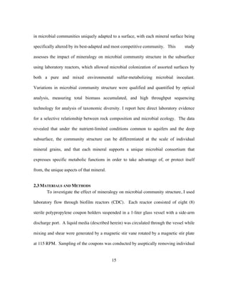 15
in microbial communities uniquely adapted to a surface, with each mineral surface being
specifically altered by its best-adapted and most competitive community. This study
assesses the impact of mineralogy on microbial community structure in the subsurface
using laboratory reactors, which allowed microbial colonization of assorted surfaces by
both a pure and mixed environmental sulfur-metabolizing microbial inoculant.
Variations in microbial community structure were qualified and quantified by optical
analysis, measuring total biomass accumulated, and high throughput sequencing
technology for analysis of taxonomic diversity. I report here direct laboratory evidence
for a selective relationship between rock composition and microbial ecology. The data
revealed that under the nutrient-limited conditions common to aquifers and the deep
subsurface, the community structure can be differentiated at the scale of individual
mineral grains, and that each mineral supports a unique microbial consortium that
expresses specific metabolic functions in order to take advantage of, or protect itself
from, the unique aspects of that mineral.
2.3 MATERIALS AND METHODS
To investigate the effect of mineralogy on microbial community structure, I used
laboratory flow through biofilm reactors (CDC). Each reactor consisted of eight (8)
sterile polypropylene coupon holders suspended in a 1-liter glass vessel with a side-arm
discharge port. A liquid media (described herein) was circulated through the vessel while
mixing and shear were generated by a magnetic stir vane rotated by a magnetic stir plate
at 115 RPM. Sampling of the coupons was conducted by aseptically removing individual
 