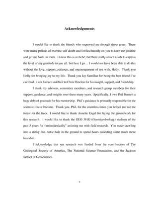 v
Acknowledgements
I would like to thank the friends who supported me through these years. There
were many periods of extreme self-doubt and I relied heavily on you to keep me positive
and get me back on track. I know this is a cliché, but there really aren’t words to express
the level of my gratitude to you all, but here I go… I would not have been able to do this
without the love, support, patience, and encouragement of my wife, Holly. Thank you
Holly for bringing joy to my life. Thank you Jay Santillan for being the best friend I’ve
ever had. I am forever indebted to Chris Omelon for his insight, support, and friendship.
I thank my advisors, committee members, and research group members for their
support, guidance, and insights over these many years. Specifically, I owe Phil Bennett a
huge debt of gratitude for his mentorship. Phil’s guidance is primarily responsible for the
scientist I have become. Thank you, Phil, for the countless times you helped me see the
forest for the trees. I would like to thank Annette Engel for laying the groundwork for
this research. I would like to thank the GEO 381G (Geomicrobiology) students of the
past 5 years for “enthusiastically” assisting me with field research. You made crawling
into a stinky, hot, toxic hole in the ground to spend hours collecting slime much more
bearable.
I acknowledge that my research was funded from the contributions of The
Geological Society of America, The National Science Foundation, and the Jackson
School of Geosciences.
 