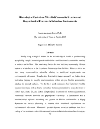 vi
Mineralogical Controls on Microbial Community Structure and
Biogeochemical Processes in Subsurface Environments
Aaron Alexander Jones, Ph.D.
The University of Texas at Austin, 2015
Supervisor: Philip C. Bennett
Abstract
Nearly every ecological habitat in the microbiological world is predominately
occupied by complex assemblages of multicellular, multifunctional communities attached
to surfaces as biofilms. The motivating factors for this stationary community lifestyle
appear to be as diverse as the organisms that occupy these habitats. However, there are
also many commonalities primarily relating to nutritional requirements and
environmental tolerances. Broadly, this dissertation focuses primarily on linking these
motivating factors to specific microorganisms within diverse biofilm communities
attached to mineral surfaces. To do this I used continuous-flow laboratory biofilm
reactors (inoculated with a diverse subsurface biofilm community) to assess the roles of
surface type, media pH, and carbon and phosphate availability on biofilm accumulation,
community structure, function, and phylogenetic variability. I demonstrate that in
nutrient-limited systems, taxonomy and growth of biofilm communities is highly
dependent on surface chemistry to support their nutritional requirements and
environmental tolerances. Moreover I present rigorous statistical evidence that, for a
variety of environments, microbial communities attached to similar natural surfaces types
 
