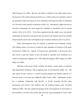 46
2005; Gleeson et al, 2006). However, the effect is nullified on the albite surface due to
the presence of the sulfur-reducing Desulfococcus, which could act to neutralize some of
the generated acidity and release of toxic aluminum, decreasing the effect of aluminum
on α-diversity of the attached communities (Table 2.4). Alternatively, higher diversity in
microbial communities has been negatively correlated to dissolution rate of mineral
surfaces (Uroz et al, 2011). It has been suggested that this might cause non-specific
colonization by bacterial communities that can dissolve the mineral and extract mineral
bound nutrients and are thus well adapted to poor-nutrient conditions (Uroz et al, 2011).
Some microorganisms have the capacity to neutralize local aluminum toxicity.
The feldspar surfaces were host to a relatively large abundance of members of the genus
Pseudomonas (Table 2.4). Species of Pseudomonas (specifically, P. fluorescens) have
been shown in previous studies to have the ability to neutralize toxic aluminum by a
variety of mechanisms (Appanna et al, 1995; Hamel & Appanna, 2003; Singh et al, 2005;
Singh et al, 2009).
Members of the genus Ensifer colonize all surfaces, except quartz, in relatively
high proportional abundance with an apparent lack of discrimination (Table 2.4). The
type species Ensifer adherens is a known bacterial predator that attaches endwise to a
host cell where it can cause lysis (Balkwill, 2005; Casida, 1982). Additionally, Ensifer
has a symbiotic relationship with Bacillus, as Ensifer promotes Bacillus spore
germination and receives vital nutrients that are produced during spore activation
(Balkwill, 2005). This may explain the ubiquity of this microorganism on each surface as
discrimination is not due to the surface type, but to the type and quantity of “food” (other
 