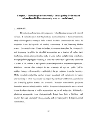 52
Chapter 3: Revealing hidden diversity: investigating the impact of
minerals on biofilm community structure and diversity
3.1 ABSTRACT
Throughout geologic time, microorganisms evolved in direct contact with mineral
surfaces. It stands to reason that the pliant and inconstant nature of these environments
likely caused dynamic ecological shifts in these microbial communities that should be
detectable in the phylogenetics of attached communities. I used laboratory biofilm
reactors (inoculated with a diverse subsurface community) to explore the phylogenetic
and taxonomic variability in microbial communities as a function of surface type
(carbonate, silicate, aluminosilicate), media pH, and carbon and phosphate availability.
Using high-throughput pyrosequencing, I found that surface type significantly controlled
~70-90% of the variance in phylogenetic diversity regardless of environmental pressures.
Consistent patterns also emerged in the taxonomy of specific guilds (sulfur-
oxidizers/reducers, Gram-positives, acidophiles) due to variations in media chemistry.
Media phosphate availability was key property associated with variation in phylogeny
and taxonomy of whole reactors and was negatively correlated with biofilm accumulation
and α-diversity (species richness and evenness). However, mineral-bound phosphate
limitations were correlated with less biofilm. Carbon added to the media was correlated
with a significant increase in biofilm accumulation and overall α-diversity. Additionally,
planktonic communities were phylogenetically distant from those in biofilms. All
reactors harbored structurally (taxonomically and phylogenetically) distinct microbial
communities.
 