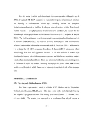 55
For this study I utilize high-throughput 454-pyrosequencing (Margulies et al,
2005) of bacterial 16S rRNA sequences to examine the response of community structure
and diversity to environmental stimuli (pH variability, carbon and phosphate
limitations/amendments) as biofilms develop on mineral surfaces within flow-through
biofilm reactors. I use phylogenetic distance measures (UniFrac), to account for the
relationships among populations attached to the various surfaces (Lozupone & Knight,
2005). The UniFrac distances were then subjected to permutational multivariate analysis
of variance (PERMANOVA) in order to evaluate mineralogical and environmental
influence on microbial community structure (McArdle & Anderson, 2001). Additionally,
I re-evaluate the 16S rRNA sequences from Jones & Bennett (2014) using more robust
methodology with this new hypothesis in mind. I can then evaluate if surface type
significantly impacts microbial community structure, and biofilm accumulation under a
variety of environmental conditions. I then use taxonomy to identify consistent responses
to variations in media and surface chemistry among specific guilds (SOB, SRB, Gram-
positives, Acidophiles), which I can use to interpret the ecological role of the detected
taxa.
3.3 MATERIALS AND METHODS
3.3.1 Flow through Biofilm Reactor (CDC)
For these experiments I used a modified CDC biofilm reactor (Biosurface
Technologies, Bozeman, MT, USA): a 1-liter glass vessel with a ported polyethylene top
that supports 8 polypropylene rods each holding up to three coupons (12.7 mm OD disks
~3 mm thick). The reactor was operated as a continuous-flow stirred reactor at
 