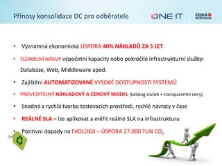 Přínosy konsolidace DC pro odběratele
• Významná ekonomická ÚSPORA 40% NÁKLADŮ ZA 5 LET
• FLEXIBILNÍ NÁKUP výpočetní kapacity nebo pokročilé infrastrukturní služby:
Databáze, Web, Middleware apod.
• Zajištění AUTOMATIZOVANÉ VYSOKÉ DOSTUPNOSTI SYSTÉMŮ
• PROVEDITELNÝ NÁKLADOVÝ A CENOVÝ MODEL (katalog služeb + transparentní ceny)
• Snadná a rychlá tvorba testovacích prostředí, rychlé návraty v čase
• REÁLNÉ SLA – lze aplikovat a měřit reálné SLA na infrastrukturu
• Pozitivní dopady na EKOLOGII – ÚSPORA 27.000 TUN CO2
 