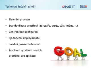 Technické řešení - záměr
• Zlevnění provozu
• Standardizace prostředí (adresáře, porty, uživ. jména, …)
• Centralizace konfigurací
• Sjednocení deploymentu
• Snadná provozovatelnost
• Zrychlení vytváření nových
prostředí pro aplikace
 