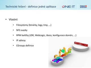 Technické řešení - definice jedné aplikace
• Vlastní:
• Filesystemy (binárky, logy, tmp, …)
• NFS svazky
• RPM balíčky (JDK, WebLogic, Jboss, konfigurace domén, …)
• IP adresy
• CGroups definice
 