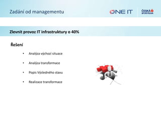 Zadání od managementu
Zlevnit provoz IT infrastruktury o 40%
Řešení
• Analýza výchozí situace
• Analýza transformace
• Popis Výsledného stavu
• Realizace transformace
 