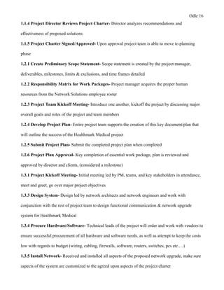 Odle 16
1.1.4 Project Director Reviews Project Charter- Director analyzes recommendations and
effectiveness of proposed solutions
1.1.5 Project Charter Signed/Approved- Upon approval project team is able to move to planning
phase
1.2.1 Create Preliminary Scope Statement- Scope statement is created by the project manager,
deliverables, milestones, limits & exclusions, and time frames detailed
1.2.2 Responsibility Matrix for Work Packages- Project manager acquires the proper human
resources from the Network Solutions employee roster
1.2.3 Project Team Kickoff Meeting- Introduce one another, kickoff the project by discussing major
overall goals and roles of the project and team members
1.2.4 Develop Project Plan- Entire project team supports the creation of this key document/plan that
will outline the success of the Healthmark Medical project
1.2.5 Submit Project Plan- Submit the completed project plan when completed
1.2.6 Project Plan Approval- Key completion of essential work package, plan is reviewed and
approved by director and clients, (considered a milestone)
1.3.1 Project Kickoff Meeting- Initial meeting led by PM, teams, and key stakeholders in attendance,
meet and greet, go over major project objectives
1.3.3 Design System- Design led by network architects and network engineers and work with
conjunction with the rest of project team to design functional communication & network upgrade
system for Healthmark Medical
1.3.4 Procure Hardware/Software- Technical leads of the project will order and work with vendors to
ensure successful procurement of all hardware and software needs, as well as attempt to keep the costs
low with regards to budget (wiring, cabling, firewalls, software, routers, switches, pcs etc.…)
1.3.5 Install Network- Received and installed all aspects of the proposed network upgrade, make sure
aspects of the system are customized to the agreed upon aspects of the project charter
 