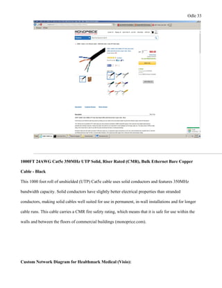 Odle 33
1000FT 24AWG Cat5e 350MHz UTP Solid, Riser Rated (CMR), Bulk Ethernet Bare Copper
Cable - Black
This 1000 foot roll of unshielded (UTP) Cat5e cable uses solid conductors and features 350MHz
bandwidth capacity. Solid conductors have slightly better electrical properties than stranded
conductors, making solid cables well suited for use in permanent, in-wall installations and for longer
cable runs. This cable carries a CMR fire safety rating, which means that it is safe for use within the
walls and between the floors of commercial buildings (monoprice.com).
Custom Network Diagram for Healthmark Medical (Visio):
 