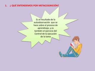1. ¿ QUÉ ENTENDEMOS POR METACOGNICIÓN?
Es el resultado de la
autoobservación que se
hace sobre el proceso de
aprendizaje, y es
también el ejercicio del
Control de la ejecución
de la tarea
 