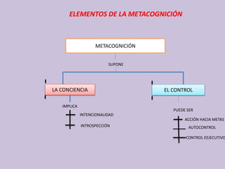 ELEMENTOS DE LA METACOGNICIÓN
METACOGNICIÓN
SUPONE
LA CONCIENCIA EL CONTROL
IMPLICA
INTENCIONALIDAD
INTROSPECCIÓN
PUEDE SER
ACCIÓN HACIA METAS
AUTOCONTROL
CONTROL EEJECUTIVO
 