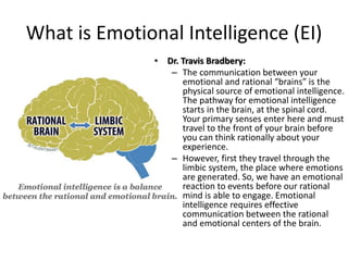 What is Emotional Intelligence (EI)
• Dr. Travis Bradbery:
– The communication between your
emotional and rational “brains” is the
physical source of emotional intelligence.
The pathway for emotional intelligence
starts in the brain, at the spinal cord.
Your primary senses enter here and must
travel to the front of your brain before
you can think rationally about your
experience.
– However, first they travel through the
limbic system, the place where emotions
are generated. So, we have an emotional
reaction to events before our rational
mind is able to engage. Emotional
intelligence requires effective
communication between the rational
and emotional centers of the brain.
 