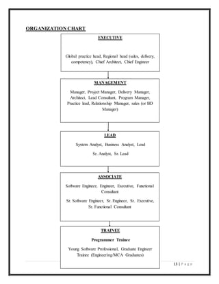 13 | P a g e
ORGANIZATION CHART
EXECUTIVE
Global practice head, Regional head (sales, delivery,
competency), Chief Architect, Chief Engineer
MANAGEMENT
Manager, Project Manager, Delivery Manager,
Architect, Lead Consultant, Program Manager,
Practice lead, Relationship Manager, sales (or BD
Manager)
LEAD
System Analyst, Business Analyst, Lead
Sr. Analyst, Sr. Lead
ASSOCIATE
Software Engineer, Engineer, Executive, Functional
Consultant
Sr. Software Engineer, Sr. Engineer, Sr. Executive,
Sr. Functional Consultant
TRAINEE
Programmer Trainee
Young Software Professional, Graduate Engineer
Trainee (Engineering/MCA Graduates)
 