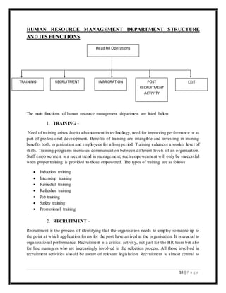 18 | P a g e
HUMAN RESOURCE MANAGEMENT DEPARTMENT STRUCTURE
AND ITS FUNCTIONS
The main functions of human resource management department are listed below:
1. TRAINING –
Need of training arises due to advancement in technology, need for improving performance or as
part of professional development. Benefits of training are intangible and investing in training
benefits both, organization and employees for a long period. Training enhances a worker level of
skills. Training programs increases communication between different levels of an organization.
Staff empowerment is a recent trend in management; such empowerment will only be successful
when proper training is provided to those empowered. The types of training are as follows:
 Induction training
 Internship training
 Remedial training
 Refresher training
 Job training
 Safety training
 Promotional training
2. RECRUITMENT –
Recruitment is the process of identifying that the organisation needs to employ someone up to
the point at which application forms for the post have arrived at the organisation. It is crucial to
organisational performance. Recruitment is a critical activity, not just for the HR team but also
for line managers who are increasingly involved in the selection process. All those involved in
recruitment activities should be aware of relevant legislation. Recruitment is almost central to
Head HR Operations
RECRUITMENTTRAINING IMMIGRATION POST
RECRUITMENT
ACTIVITY
EXIT
 
