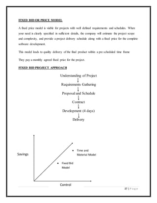 37 | P a g e
FIXED BID OR PRICE MODEL
A fixed price model is viable for projects with well defined requirements and schedules. When
your need is clearly specified in sufficient details, the company will estimate the project scope
and complexity, and provide a project delivery schedule along with a fixed price for the complete
software development.
This model leads to quality delivery of the final product within a pre scheduled time frame
They pay a monthly agreed fixed price for the project.
FIXED BID PROJECT APPROACH
Understanding of Project
Requirements Gathering
Proposal and Schedule
Contract
Development (4 days)
Delivery
Control
 Fixed Bid
Model
 Time and
Material ModelSavings
 