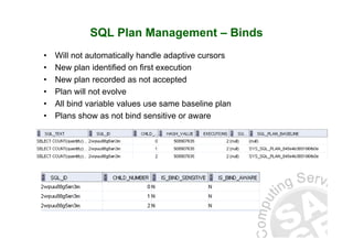 SQL Plan Management – Binds
• Will not automatically handle adaptive cursors
• New plan identified on first execution• New plan identified on first execution
• New plan recorded as not accepted
• Plan will not evolve
• All bind variable values use same baseline plan
• Plans show as not bind sensitive or aware
 
