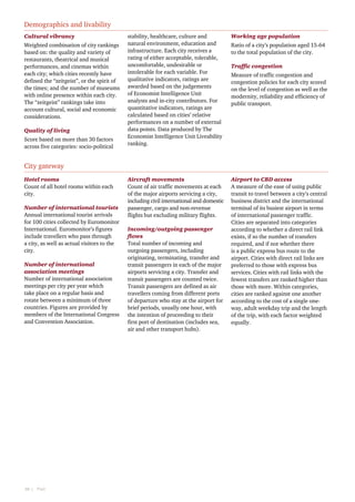 Demographics and livability
Cultural vibrancy
Weighted combination of city rankings
based on: the quality and variety of
restaurants, theatrical and musical
performances, and cinemas within
each city; which cities recently have
defined the “zeitgeist”, or the spirit of
the times; and the number of museums
with online presence within each city.
The “zeitgeist” rankings take into
account cultural, social and economic
considerations.
Quality of living
Score based on more than 30 factors
across five categories: socio-political

stability, healthcare, culture and
natural environment, education and
infrastructure. Each city receives a
rating of either acceptable, tolerable,
uncomfortable, undesirable or
intolerable for each variable. For
qualitative indicators, ratings are
awarded based on the judgements
of Economist Intelligence Unit
analysts and in-city contributors. For
quantitative indicators, ratings are
calculated based on cities’ relative
performances on a number of external
data points. Data produced by The
Economist Intelligence Unit Liveability
ranking.

Working age population

Aircraft movements
Count of air traffic movements at each
of the major airports servicing a city,
including civil international and domestic
passenger, cargo and non-revenue
flights but excluding military flights.

Airport to CBD access
A measure of the ease of using public
transit to travel between a city’s central
business district and the international
terminal of its busiest airport in terms
of international passenger traffic.
Cities are separated into categories
according to whether a direct rail link
exists, if so the number of transfers
required, and if not whether there
is a public express bus route to the
airport. Cities with direct rail links are
preferred to those with express bus
services. Cities with rail links with the
fewest transfers are ranked higher than
those with more. Within categories,
cities are ranked against one another
according to the cost of a single oneway, adult weekday trip and the length
of the trip, with each factor weighted
equally.

Ratio of a city’s population aged 15-64
to the total population of the city.
Traffic congestion
Measure of traffic congestion and
congestion policies for each city scored
on the level of congestion as well as the
modernity, reliability and efficiency of
public transport.

City gateway
Hotel rooms
Count of all hotel rooms within each
city.
Number of international tourists
Annual international tourist arrivals
for 100 cities collected by Euromonitor
International. Euromonitor’s figures
include travellers who pass through
a city, as well as actual visitors to the
city.
Number of international
association meetings
Number of international association
meetings per city per year which
take place on a regular basis and
rotate between a minimum of three
countries. Figures are provided by
members of the International Congress
and Convention Association.

38  |    PwC

Incoming/outgoing passenger
flows
Total number of incoming and
outgoing passengers, including
originating, terminating, transfer and
transit passengers in each of the major
airports servicing a city. Transfer and
transit passengers are counted twice.
Transit passengers are defined as air
travellers coming from different ports
of departure who stay at the airport for
brief periods, usually one hour, with
the intention of proceeding to their
first port of destination (includes sea,
air and other transport hubs).

 