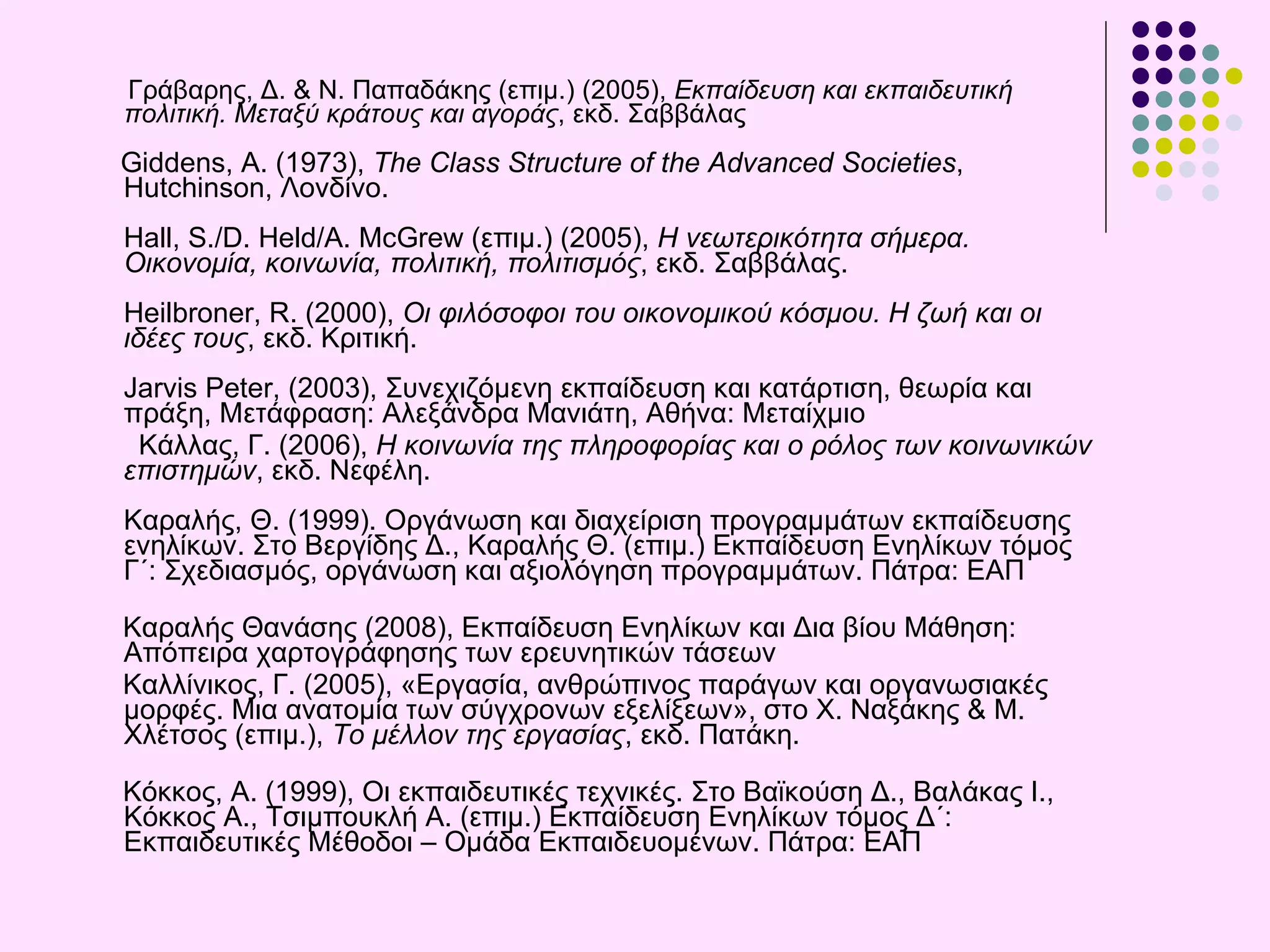   Γράβαρης, Δ. & Ν. Παπαδάκης (επιμ.) (2005),  Εκπαίδευση και εκπαιδευτική πολιτική. Μεταξύ κράτους και αγοράς , εκδ. Σαββάλας   Giddens, A. (1973),  The Class Structure of the Advanced Societies , Hutchinson, Λονδίνο. Hall, S./D. Held/A. McGrew (επιμ.) (2005),  Η νεωτερικότητα σήμερα. Οικονομία, κοινωνία, πολιτική, πολιτισμός , εκδ. Σαββάλας.  Heilbroner, R. (2000),  Οι φιλόσοφοι του οικονομικού κόσμου. Η ζωή και οι ιδέες τους , εκδ. Κριτική. Jarvis Peter, (2003), Συνεχιζόμενη εκπαίδευση και κατάρτιση, θεωρία και πράξη, Μετάφραση: Αλεξάνδρα Μανιάτη, Αθήνα: Μεταίχμιο  Κάλλας, Γ. (2006),  Η κοινωνία της πληροφορίας και ο ρόλος των κοινωνικών επιστημών , εκδ. Νεφέλη. Καραλής, Θ. (1999). Οργάνωση και διαχείριση προγραμμάτων εκπαίδευσης ενηλίκων. Στο Βεργίδης Δ., Καραλής Θ. (επιμ.) Εκπαίδευση Ενηλίκων τόμος Γ΄: Σχεδιασμός, οργάνωση και αξιολόγηση προγραμμάτων. Πάτρα: ΕΑΠ Καραλής Θανάσης (2008), Εκπαίδευση Ενηλίκων και Δια βίου Μάθηση: Απόπειρα χαρτογράφησης των ερευνητικών τάσεων  Καλλίνικος, Γ. (2005), «Εργασία, ανθρώπινος παράγων και οργανωσιακές μορφές. Μια ανατομία των σύγχρονων εξελίξεων», στο Χ. Ναξάκης & Μ. Χλέτσος (επιμ.),  Το μέλλον της εργασίας , εκδ. Πατάκη. Κόκκος, Α. (1999), Οι εκπαιδευτικές τεχνικές. Στο Βαϊκούση Δ., Βαλάκας Ι., Κόκκος Α., Τσιμπουκλή Α. (επιμ.) Εκπαίδευση Ενηλίκων τόμος Δ΄: Εκπαιδευτικές Μέθοδοι – Ομάδα Εκπαιδευομένων. Πάτρα: ΕΑΠ 