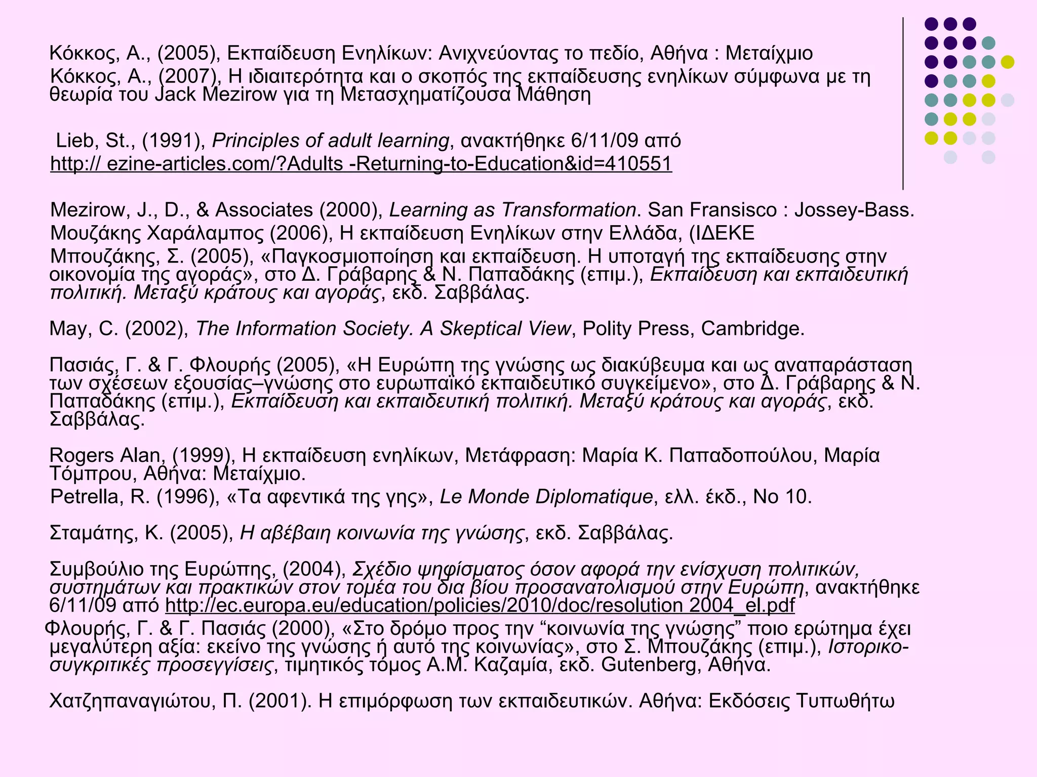 Κόκκος, Α., (2005), Εκπαίδευση Ενηλίκων: Ανιχνεύοντας το πεδίο, Αθήνα : Μεταίχμιο  Κόκκος, Α., (2007), Η ιδιαιτερότητα και ο σκοπός της εκπαίδευσης ενηλίκων σύμφωνα με τη θεωρία του Jack Mezirow για τη Μετασχηματίζουσα Μάθηση Lieb, St., (1991),  P rinciples of adult learning ,  ανακτήθηκε  6/11/09  από http:// ezine-articles.com/?Adults -Returning-to-Education&id=410551 Mezirow, J., D., & Associates (2000),  Learning as Transformation . San Fransisco : Jossey-Bass. Μουζάκης Χαράλαμπος (2006), Η εκπαίδευση Ενηλίκων στην Ελλάδα, (ΙΔΕΚΕ   Μπουζάκης, Σ. (2005), «Παγκοσμιοποίηση και εκπαίδευση. Η υποταγή της εκπαίδευσης στην οικονομία της αγοράς», στο Δ. Γράβαρης & Ν. Παπαδάκης (επιμ.),  Εκπαίδευση και εκπαιδευτική πολιτική. Μεταξύ κράτους και αγοράς , εκδ. Σαββάλας.  May, C. (2002),  The Information Society. A Skeptical View , Polity Press, Cambridge. Πασιάς, Γ. & Γ. Φλουρής (2005), «Η Ευρώπη της γνώσης ως διακύβευμα και ως αναπαράσταση των σχέσεων εξουσίας–γνώσης στο ευρωπαϊκό εκπαιδευτικό συγκείμενο», στο Δ. Γράβαρης & Ν. Παπαδάκης (επιμ.),  Εκπαίδευση και εκπαιδευτική πολιτική. Μεταξύ κράτους και αγοράς , εκδ. Σαββάλας. Rogers Alan, (1999), Η εκπαίδευση ενηλίκων, Μετάφραση: Μαρία Κ. Παπαδοπούλου, Μαρία Τόμπρου, Αθήνα: Μεταίχμιο.  Petrella, R. (1996), «Τα αφεντικά της γης»,  Le Monde Diplomatique , ελλ. έκδ., Νο 10. Σταμάτης, Κ. (2005),  Η αβέβαιη κοινωνία της γνώσης , εκδ. Σαββάλας. Συμβούλιο της Ευρώπης, (2004),  Σχέδιο ψηφίσματος όσον αφορά την ενίσχυση πολιτικών, συστημάτων και πρακτικών στον τομέα του δια βίου προσανατολισμού στην Ευρώπη , ανακτήθηκε 6/11/09 από  http://ec.europa.eu/education/policies/2010/doc/resolution 2004_el.pdf   Φλουρής, Γ. & Γ. Πασιάς (2000), «Στο δρόμο προς την “κοινωνία της γνώσης” ποιο ερώτημα έχει μεγαλύτερη αξία: εκείνο της γνώσης ή αυτό της κοινωνίας», στο Σ. Μπουζάκης (επιμ.),  Ιστορικο-συγκριτικές προσεγγίσεις , τιμητικός τόμος Α.Μ. Καζαμία, εκδ. Gutenberg, Αθήνα. Χατζηπαναγιώτου, Π. (2001). Η επιμόρφωση των εκπαιδευτικών. Αθήνα: Εκδόσεις Τυπωθήτω 
